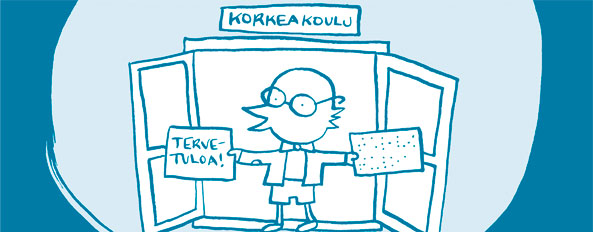 Piirroshahmo toivottaa tervetulleeksi korkeakouluun käsissään tekstatut ja pistekirjoitusarkit.