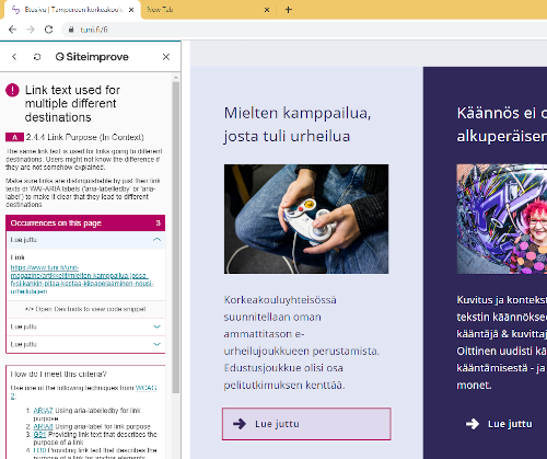 Siteimprove ilmoittaa saman linkkitekstin käytöstä eri osoitteisiin johtavana