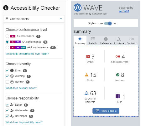 WAVE- ja Siteimprove-testien valinnat raportin esittämiseksi