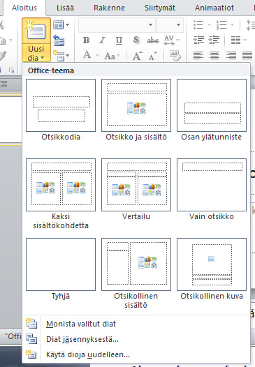 Kuvakaappaus PowerPoint, Office-teema-valikko.