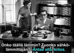 Kuvaruutukaappaus tekstityksen valmisteluvaiheesta Armand Lohikosken elokuvaan Minä soitan sinulle illalla (1954).